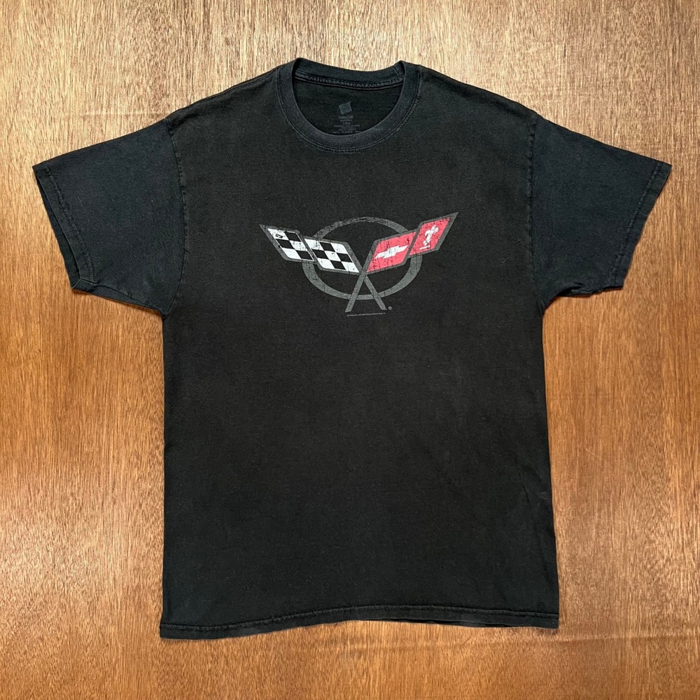 Hanes Chevrolet Corvette T-Shirt Mens Large Black Graphic Tee Heavyweight Cotton